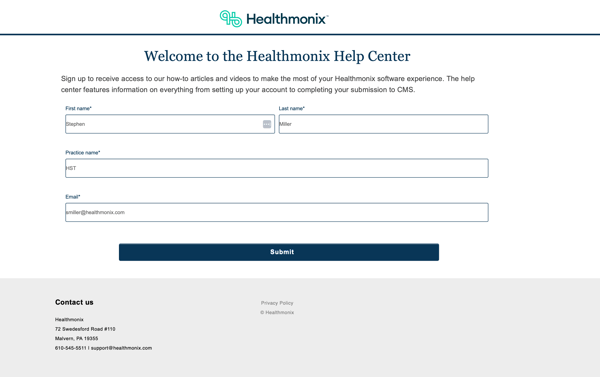 Help center sign-up form